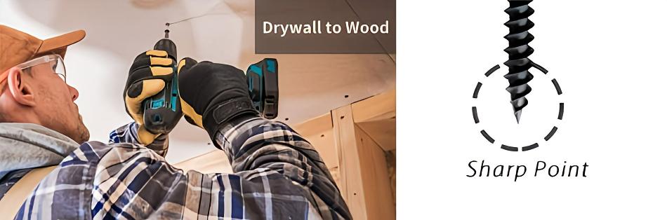 Drywall screws with sharp point for wood