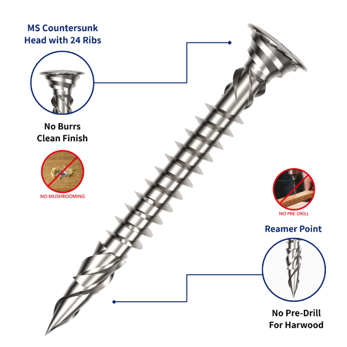 MS Reamer hardwood screw with Patent Magic Spiral Countersunk Head and Patent Reamer Point for no pre-drill IPE decking, clean flush finish, and reduced wood splitting