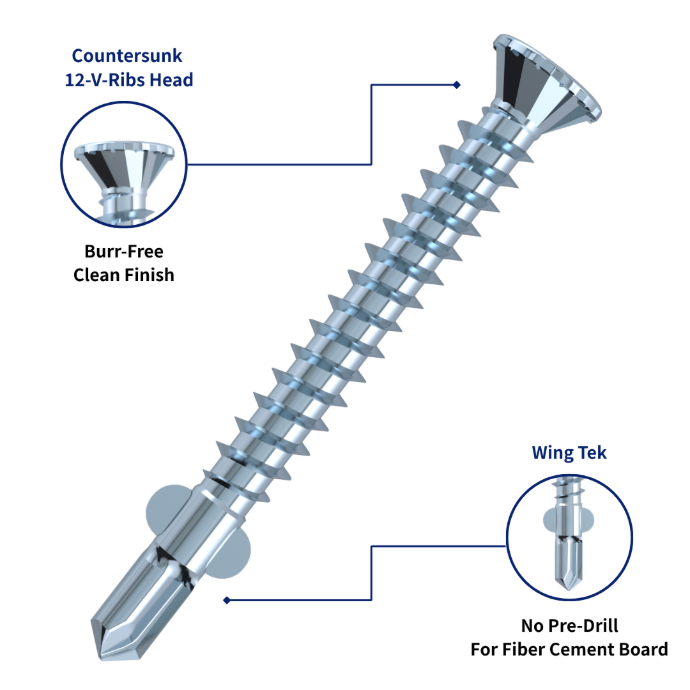 12-V-Ribs head fiber cement board screw with countersunk burr-free clean finish and Wing Tek point for no pre-drill fastening to wood or light gauge steel