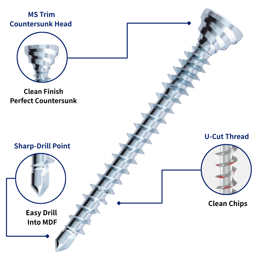 Multi-Purpose MDF Screw with MS trim countersunk head, Sharp-Drill Point, and U-Cut thread for clean countersunk finish, easy drilling into MDF, and clean chip removal